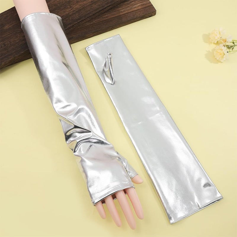 CALFOVERA Shiny Metallic PU Leather Fingerless Gloves Silver Long Half Palm Rock Stage Gloves Stretchy Gothic Punk Dress Up Arm Warmer Arm Sleeves for Women Girls Halloween Costume Party Cosplay - Image 4